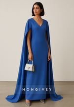 Royal Blue Simple V-Neck Pleated Column Evening Gown with Cloak