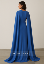 Royal Blue Simple V-Neck Pleated Column Evening Gown with Cloak