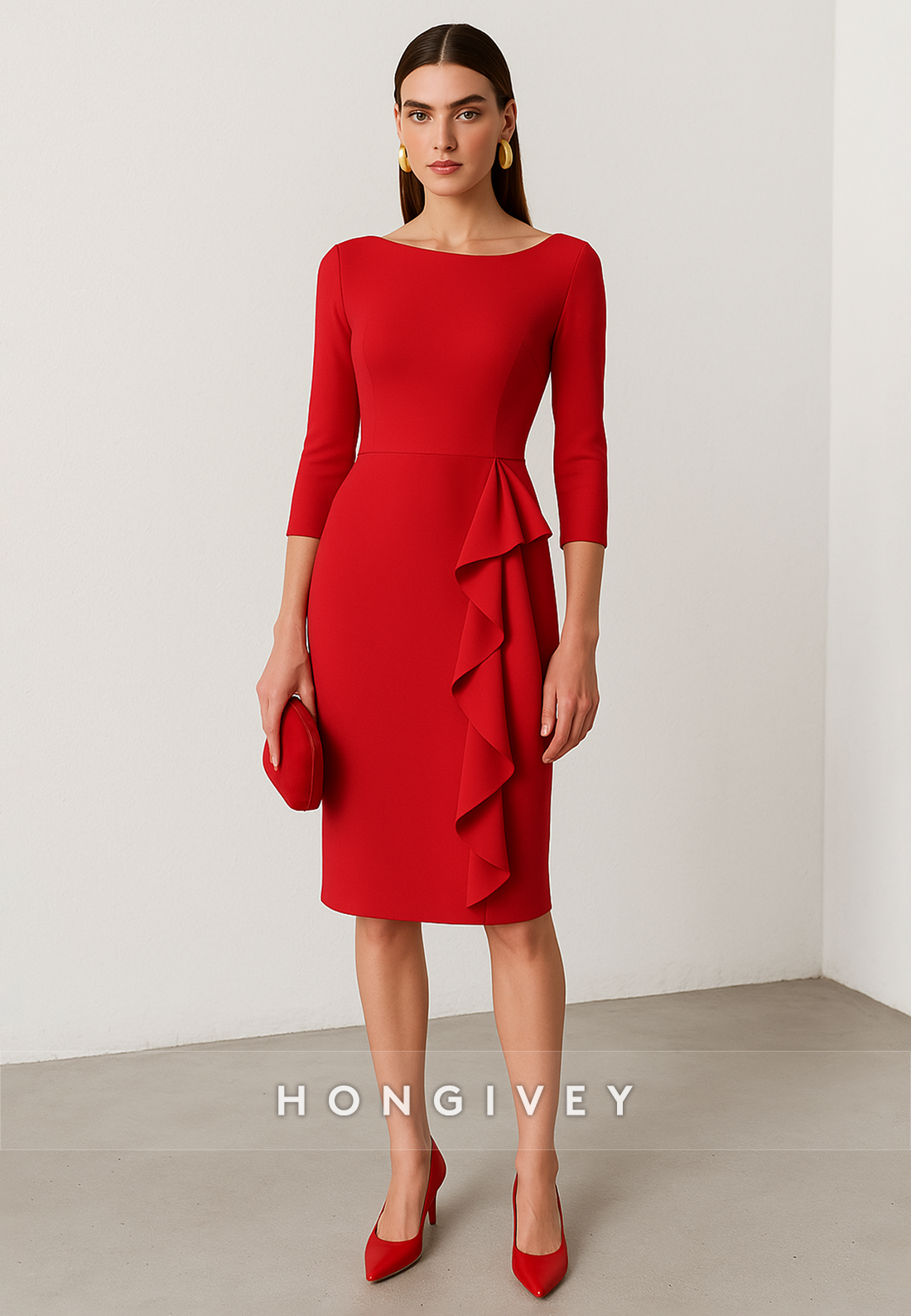 Red 3/4 Sleeve Knee-Length Evening Gowns Sheath Cocktail Dresses with Ruched