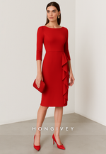 Red 3/4 Sleeve Knee-Length Evening Gowns Sheath Cocktail Dresses with Ruched