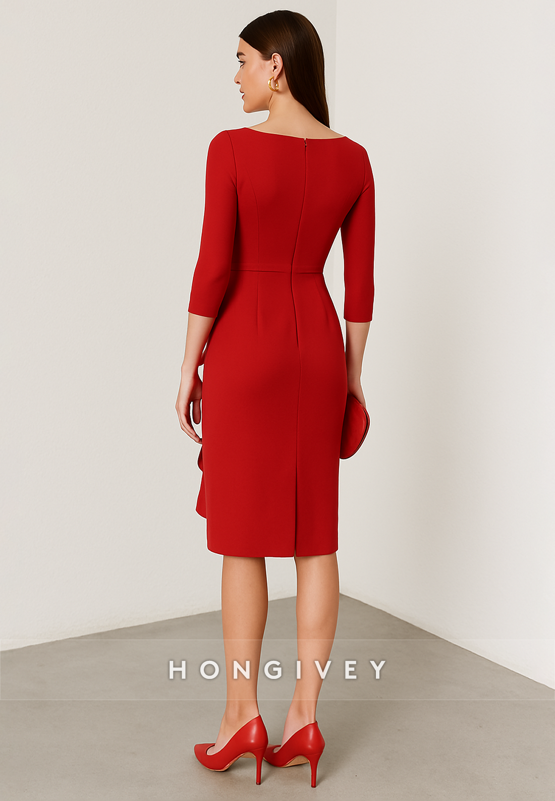 Red 3/4 Sleeve Knee-Length Evening Gowns Sheath Cocktail Dresses with Ruched