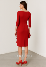 Red 3/4 Sleeve Knee-Length Evening Gowns Sheath Cocktail Dresses with Ruched