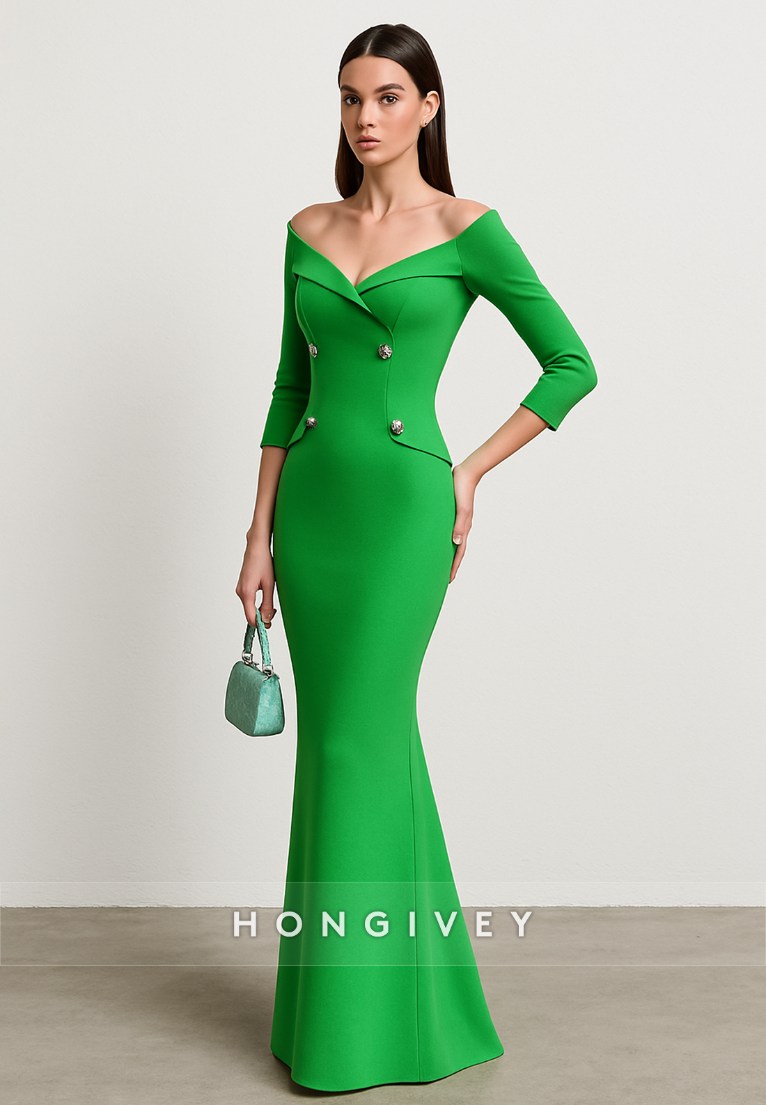 Green 3/4 Sleeve Off the Shoulder Floor-Length Mermaid Evening Gowns