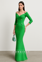 Green 3/4 Sleeve Off the Shoulder Floor-Length Mermaid Evening Gowns