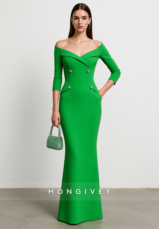 Green 3/4 Sleeve Off the Shoulder Floor-Length Mermaid Evening Gowns