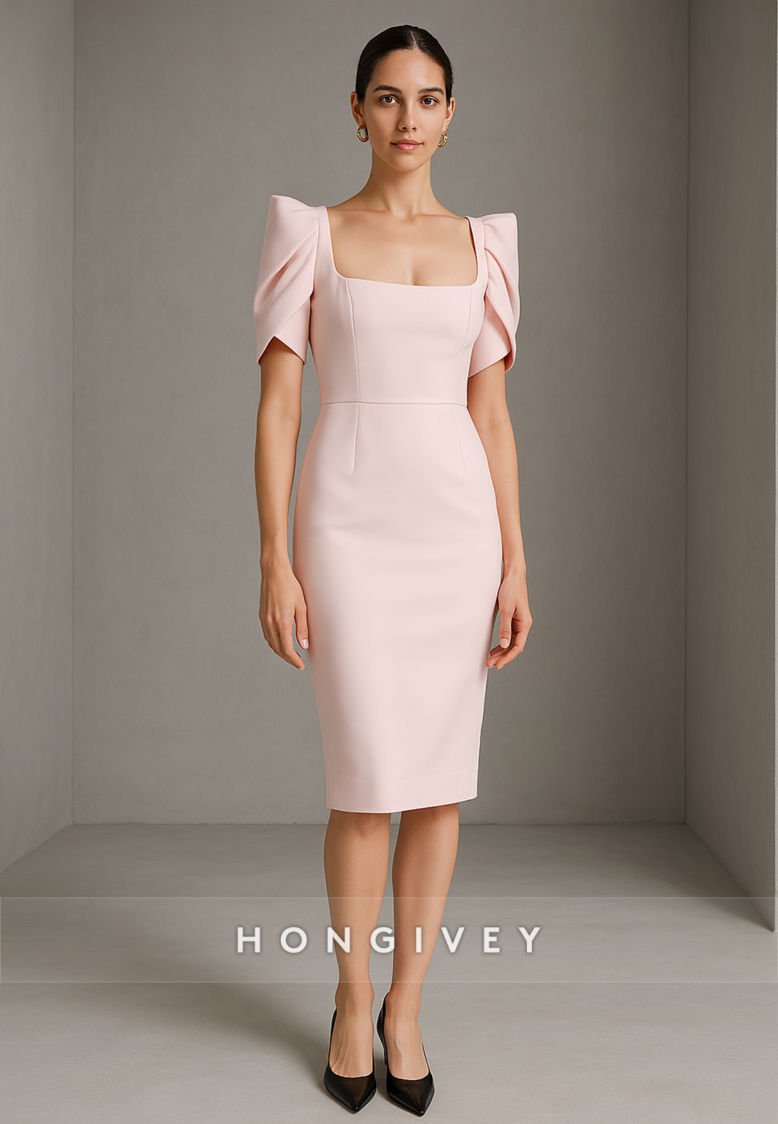 Blush Tea-Length Square Neck Short Sleeves Sheath Cocktail Dresses