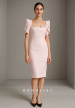Blush Tea-Length Square Neck Short Sleeves Sheath Cocktail Dresses
