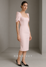Blush Tea-Length Square Neck Short Sleeves Sheath Cocktail Dresses