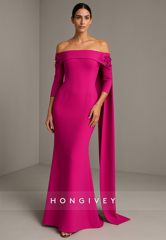 Fuchsia 3/4 Sleeve Side Draping Floor-Length Off the Shoulder Trumpet Evening Gowns
