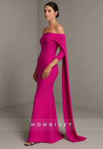 Fuchsia 3/4 Sleeve Side Draping Floor-Length Off the Shoulder Trumpet Evening Gowns