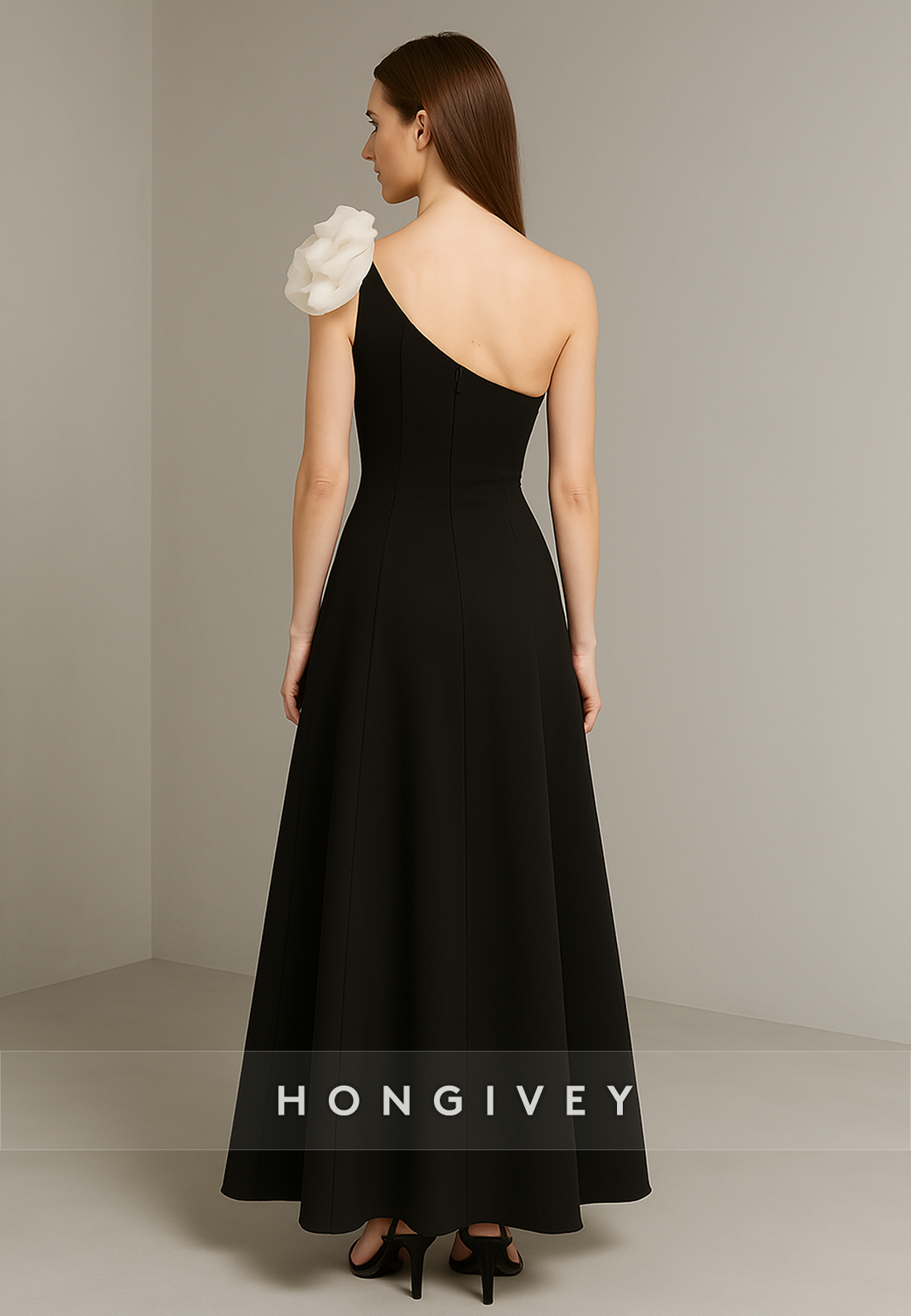 Black One Shoulder A-Line Ankle-Length Shoulder Flower Evening Gowns