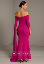 Fuchsia 3/4 Sleeve Side Draping Floor-Length Off the Shoulder Trumpet Evening Gowns