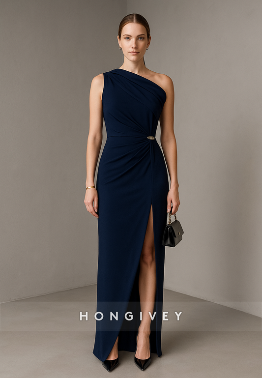 Simple Navy Blue Sleeveless Column One Shoulder High Slit Ankle-Length Evening Gowns