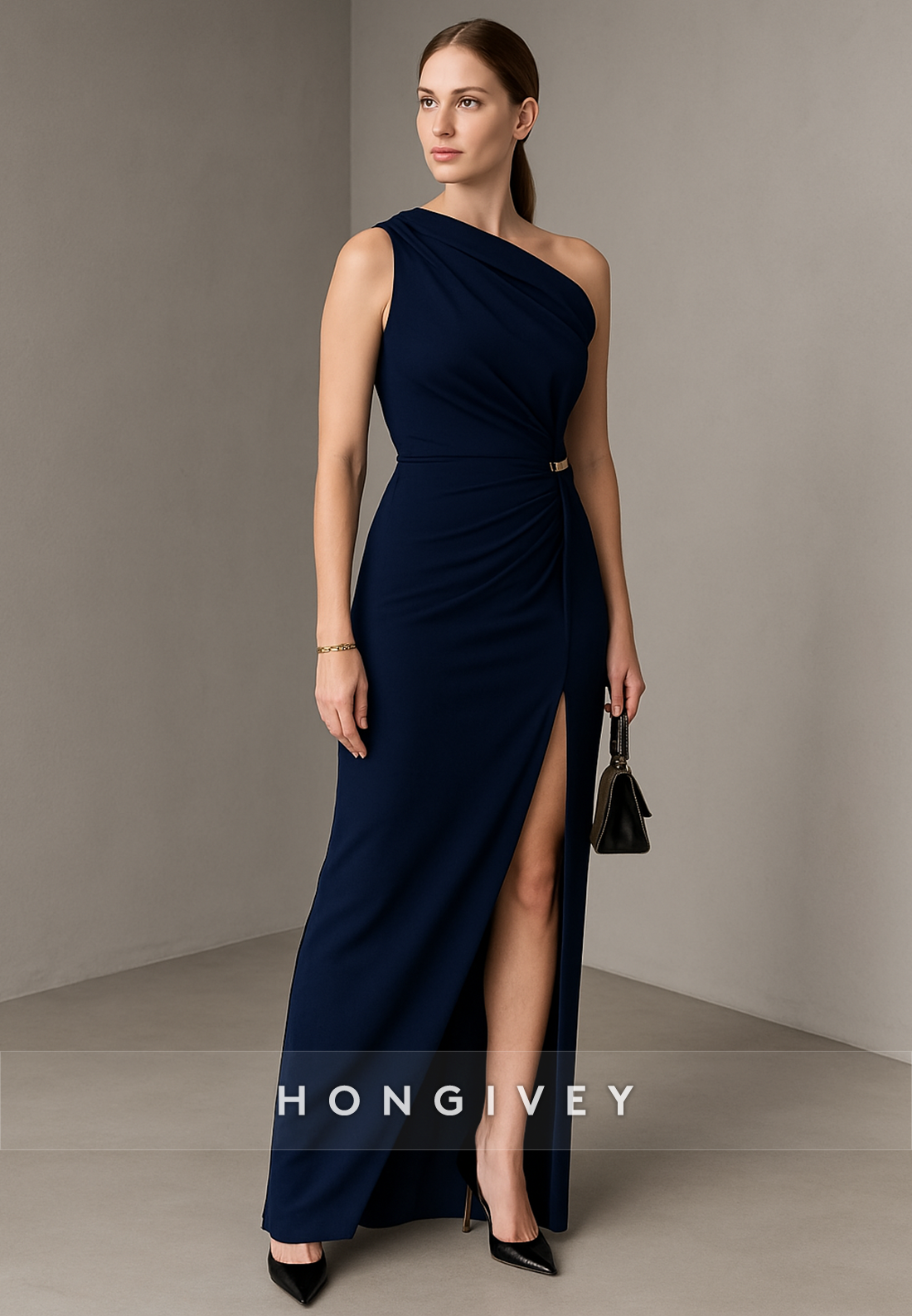 Simple Navy Blue Sleeveless Column One Shoulder High Slit Ankle-Length Evening Gowns