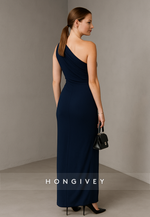 Simple Navy Blue Sleeveless Column One Shoulder High Slit Ankle-Length Evening Gowns