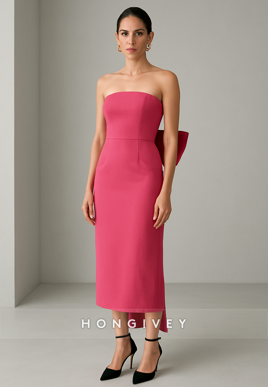 Tea-Length Strapless Column Low Back Evening Gowns with Bowknot