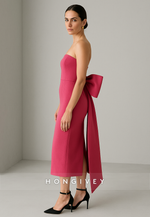 Tea-Length Strapless Column Low Back Evening Gowns with Bowknot