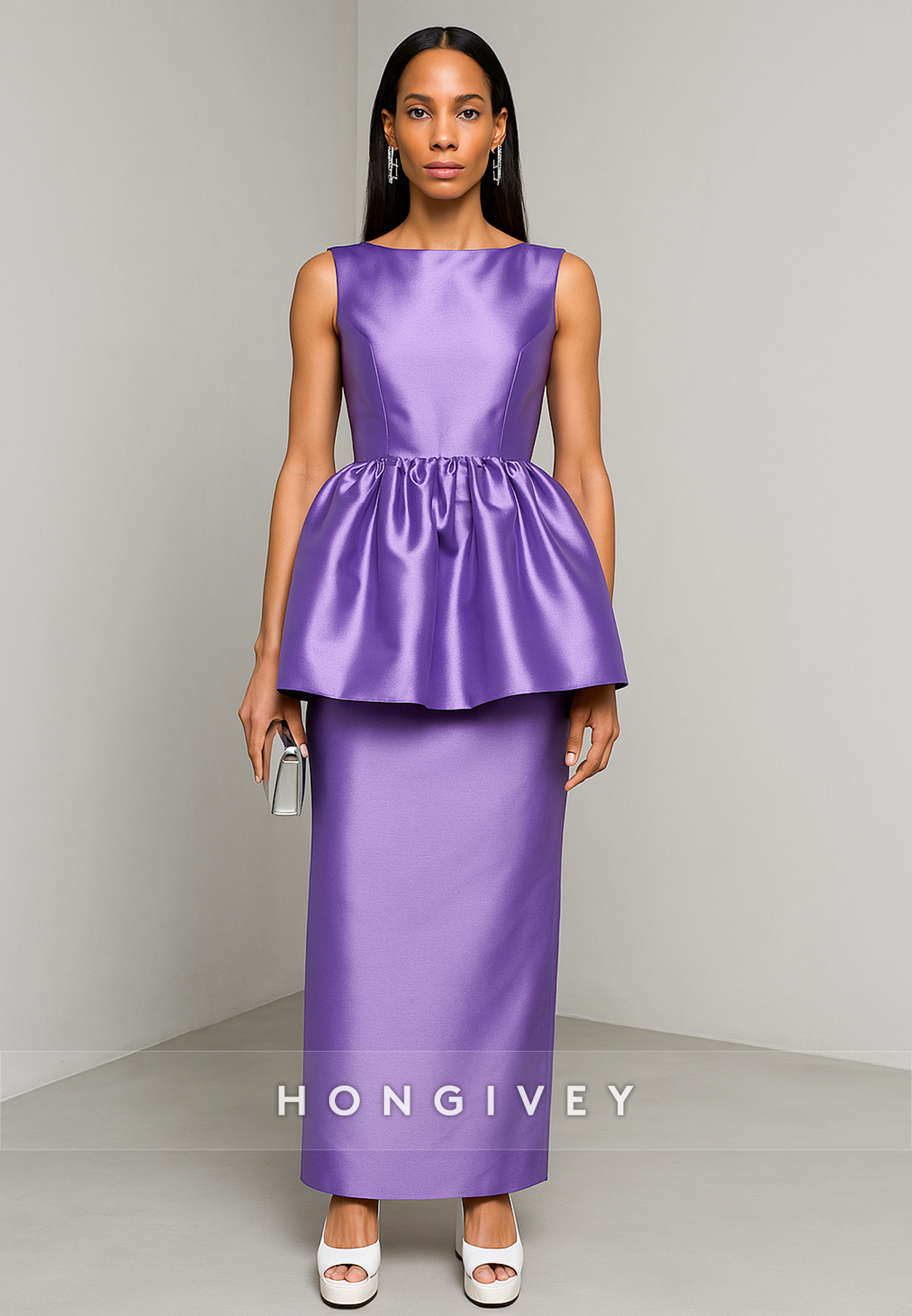 Purple Satin Pleated Column Bateau Neck Ankle-Length Evening Gowns