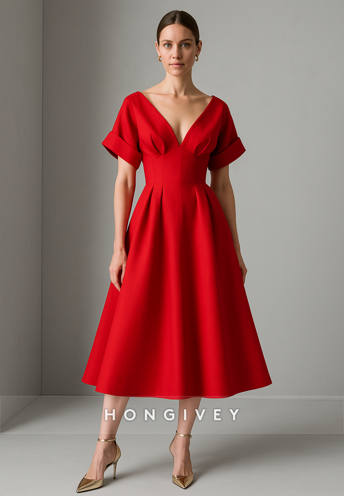 Red Short Sleeves Tea-Length Cocktail Dresses A-Line Pleated V Back Evening Gowns