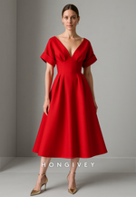 Red Short Sleeves Tea-Length Cocktail Dresses A-Line Pleated V Back Evening Gowns