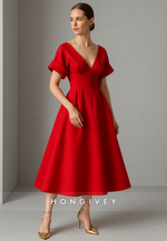 Red Short Sleeves Tea-Length Cocktail Dresses A-Line Pleated V Back Evening Gowns