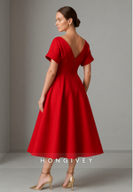 Red Short Sleeves Tea-Length Cocktail Dresses A-Line Pleated V Back Evening Gowns
