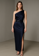 Dark Navy One Shoulder Column Ankle-Length Side Slit Evening Gowns with Waistband