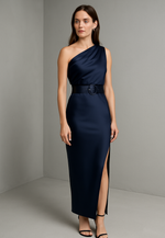Dark Navy One Shoulder Column Ankle-Length Side Slit Evening Gowns with Waistband