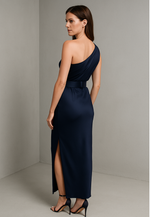 Dark Navy One Shoulder Column Ankle-Length Side Slit Evening Gowns with Waistband