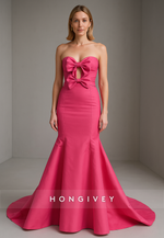 Low Back Sweetheart Floor-Length Pleated Trumpet Evening Gowns with Bowknots