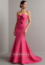 Low Back Sweetheart Floor-Length Pleated Trumpet Evening Gowns with Bowknots