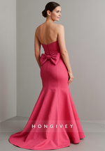 Low Back Sweetheart Floor-Length Pleated Trumpet Evening Gowns with Bowknots