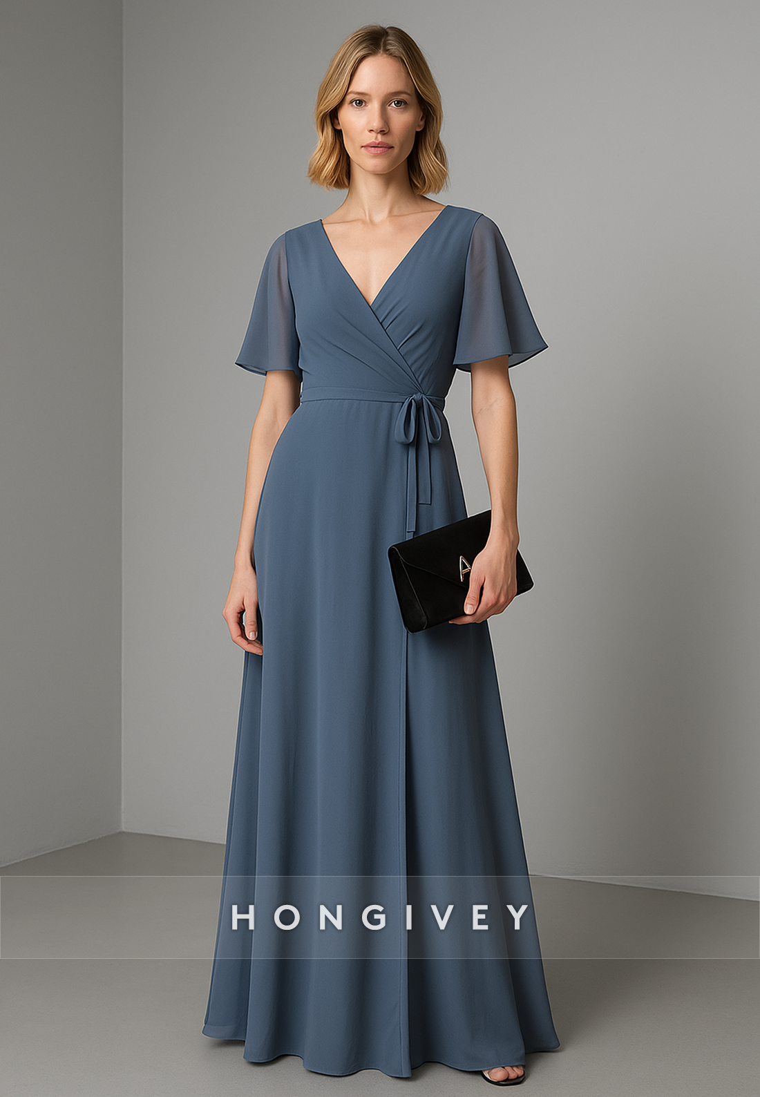 Santorini Blue V-Neck A-Line Short Sleeves Pleated Floor-Length Chiffon Evening Gowns