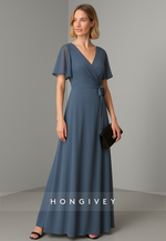 Santorini Blue V-Neck A-Line Short Sleeves Pleated Floor-Length Chiffon Evening Gowns