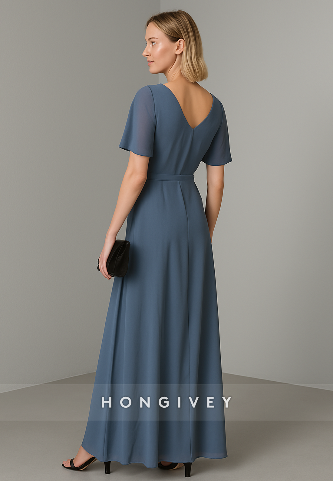 Santorini Blue V-Neck A-Line Short Sleeves Pleated Floor-Length Chiffon Evening Gowns