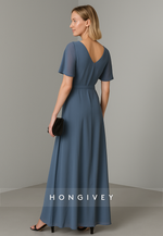 Santorini Blue V-Neck A-Line Short Sleeves Pleated Floor-Length Chiffon Evening Gowns