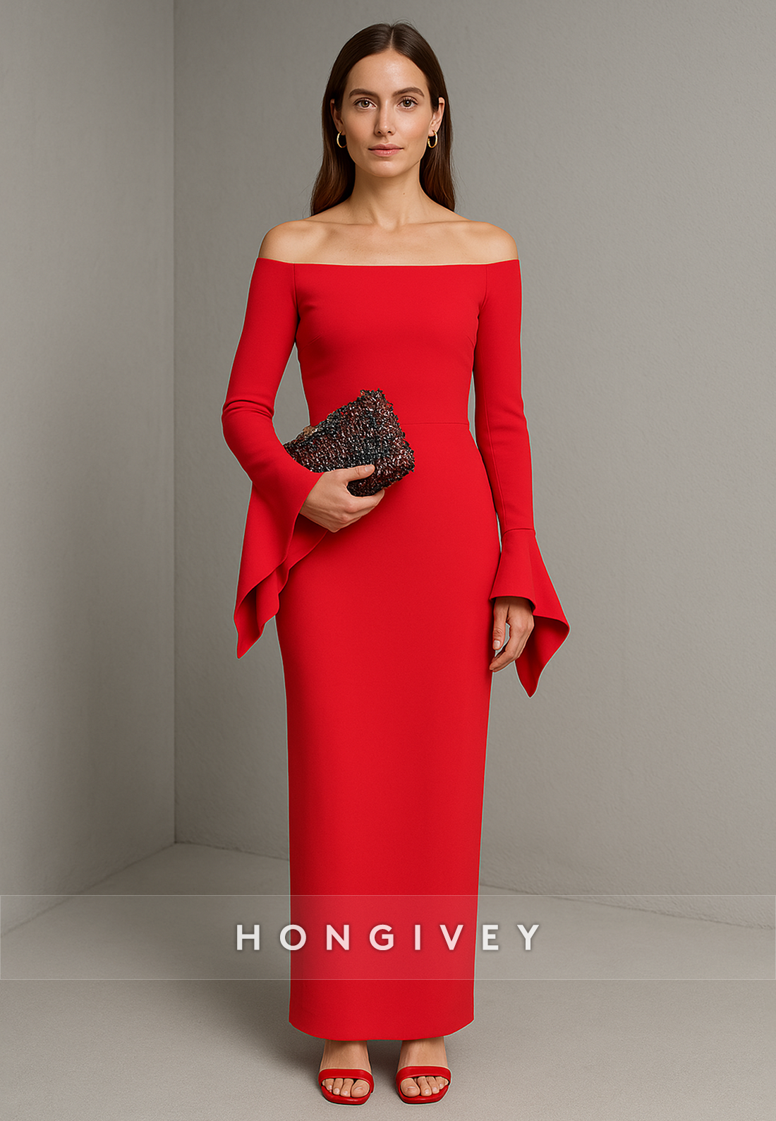 Red Elegant Off the Shoulder Bell Sleeves Ankle-Length Column Evening Gowns
