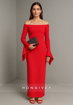 Red Elegant Off the Shoulder Bell Sleeves Ankle-Length Column Evening Gowns