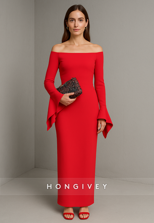 Red Elegant Off the Shoulder Bell Sleeves Ankle-Length Column Evening Gowns