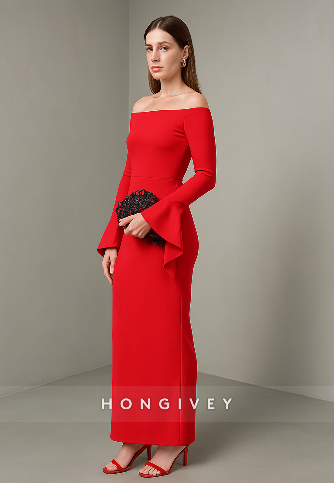 Red Elegant Off the Shoulder Bell Sleeves Ankle-Length Column Evening Gowns