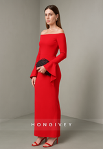 Red Elegant Off the Shoulder Bell Sleeves Ankle-Length Column Evening Gowns
