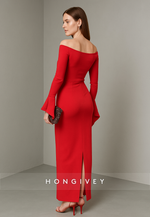 Red Elegant Off the Shoulder Bell Sleeves Ankle-Length Column Evening Gowns