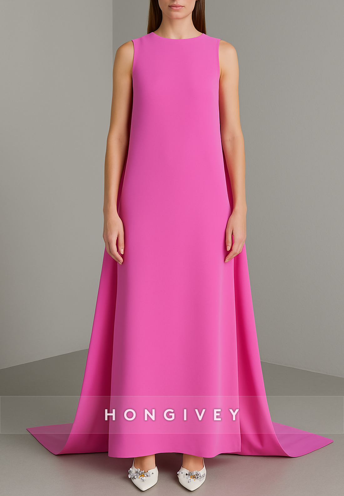 Elegant Fuchsia Sleeveless Ankle-Length Evening Gowns with Cape