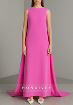 Elegant Fuchsia Sleeveless Ankle-Length Evening Gowns with Cape