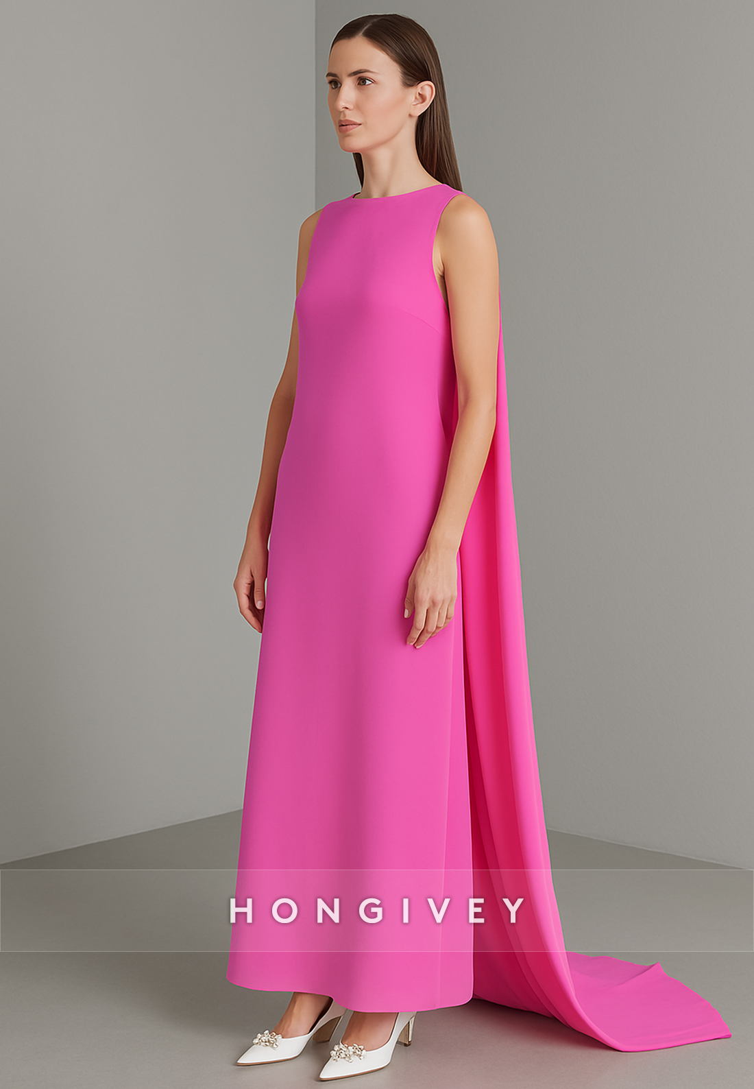 Elegant Fuchsia Sleeveless Ankle-Length Evening Gowns with Cape