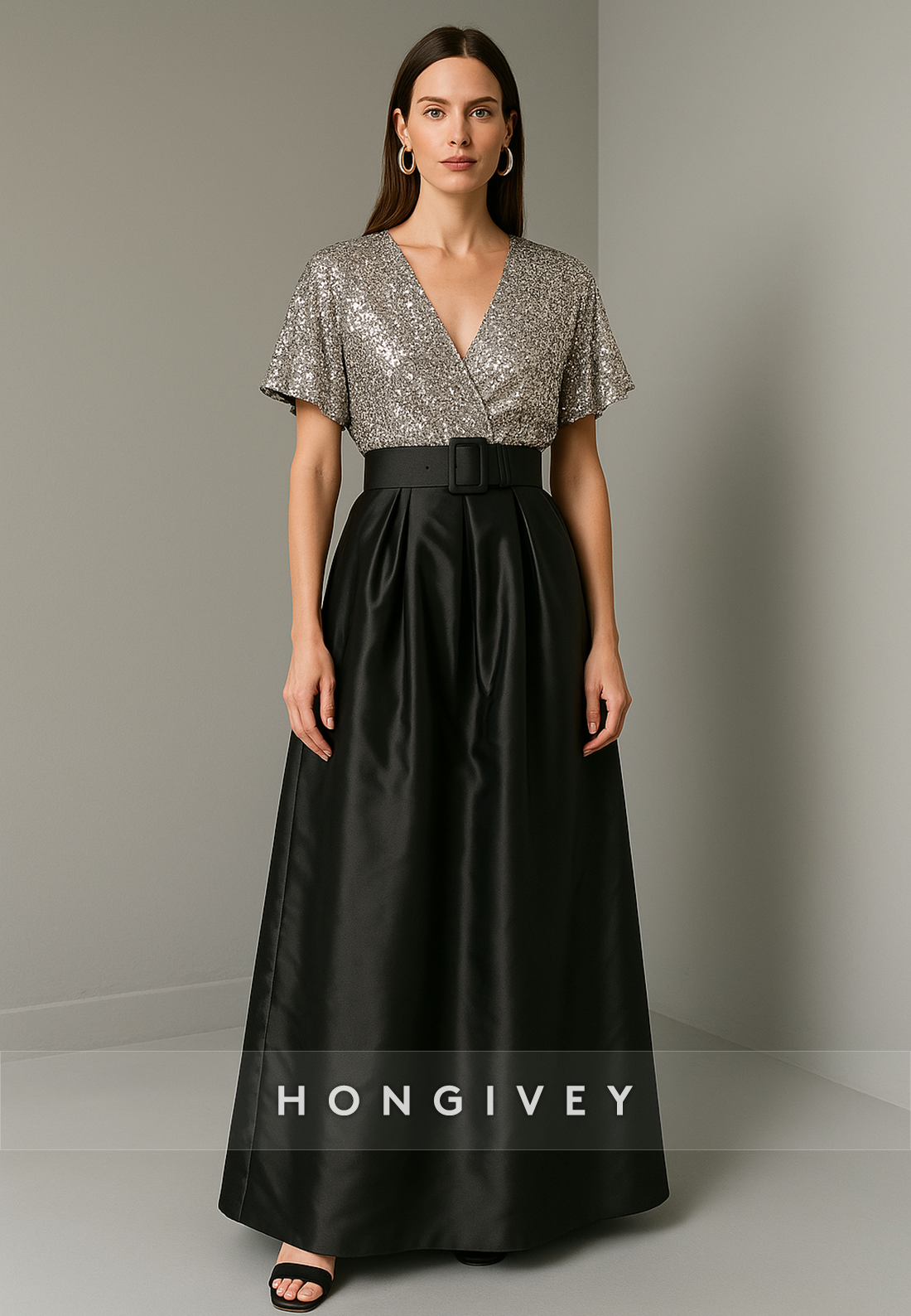 Short Sleeves A-Line Glitter V-Neck Satin Empire Evening Gowns with Waistband