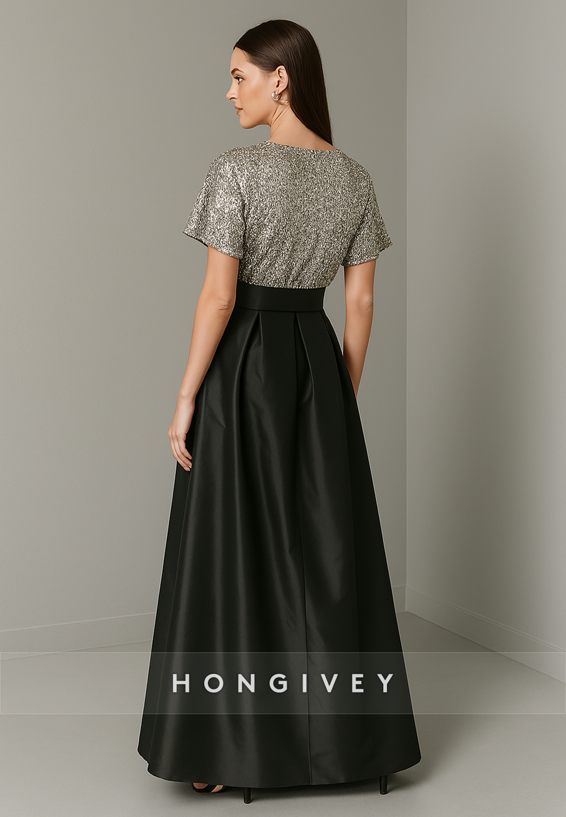 Short Sleeves A-Line Glitter V-Neck Satin Empire Evening Gowns with Waistband