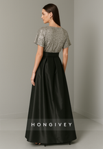 Short Sleeves A-Line Glitter V-Neck Satin Empire Evening Gowns with Waistband