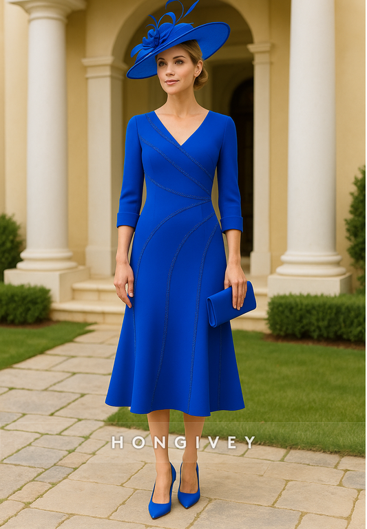 V-Neck Royal Blue Tea-Length 3/4 Sleeve A-Line Mother of the Bride Dresses
