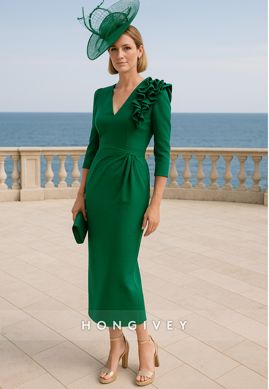 Pleated Sheath V-Neck 3/4 Sleeve Ruched Tea-Length Mother of the Bride Dresses